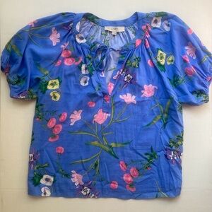 LOFT Floral Puff Sleeve V-Neck Front Tie Neck Blouse Cotton Rayon Blend Size S